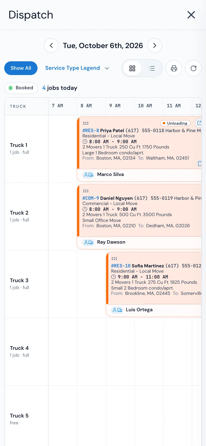 Dispatch on a phone: the Dashboard, Crew Schedule and Dispatch tiles