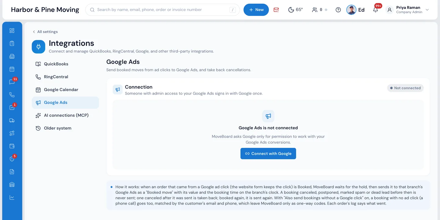 Settings › Integrations › Google Ads in MoveBoard: Google Ads is not connected, with Connect with Google, and how it works in plain words