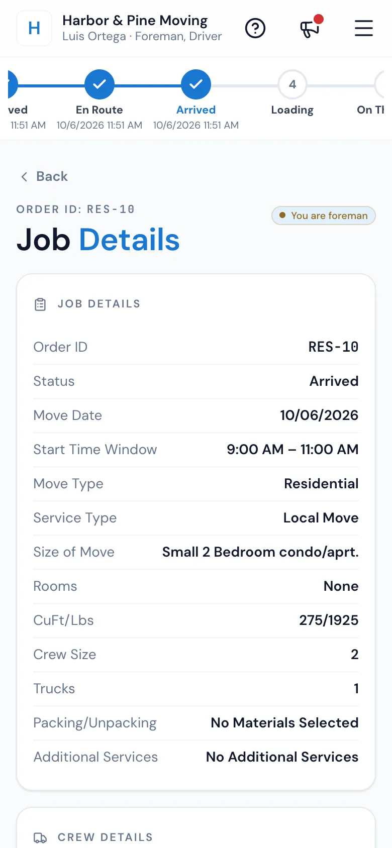 Job Details on the Mover's Portal: order, move date, service type, CuFt/Lbs, crew size and trucks