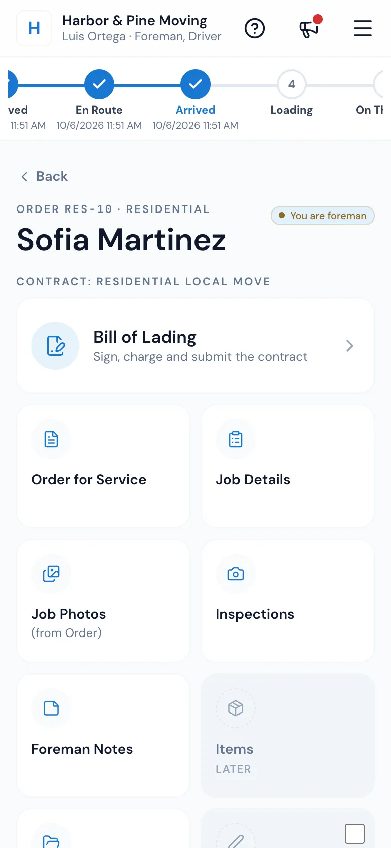The foreman's job screen in the Mover's Portal: the status chain with Received and its time, En Route, Arrived and Loading, and the Bill of Lading tile
