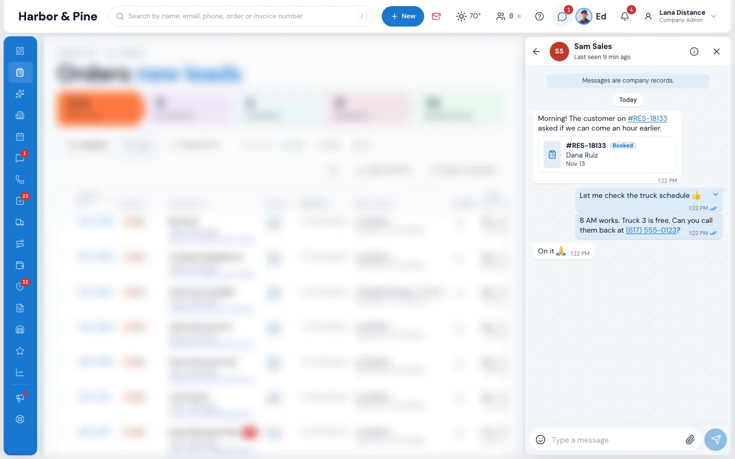 Office chat open beside the Orders page in MoveBoard: a one-on-one chat with Sam Sales, an order number that became a card for order #RES-18133 (Booked, Nov 13), and blue ticks on the messages that were read