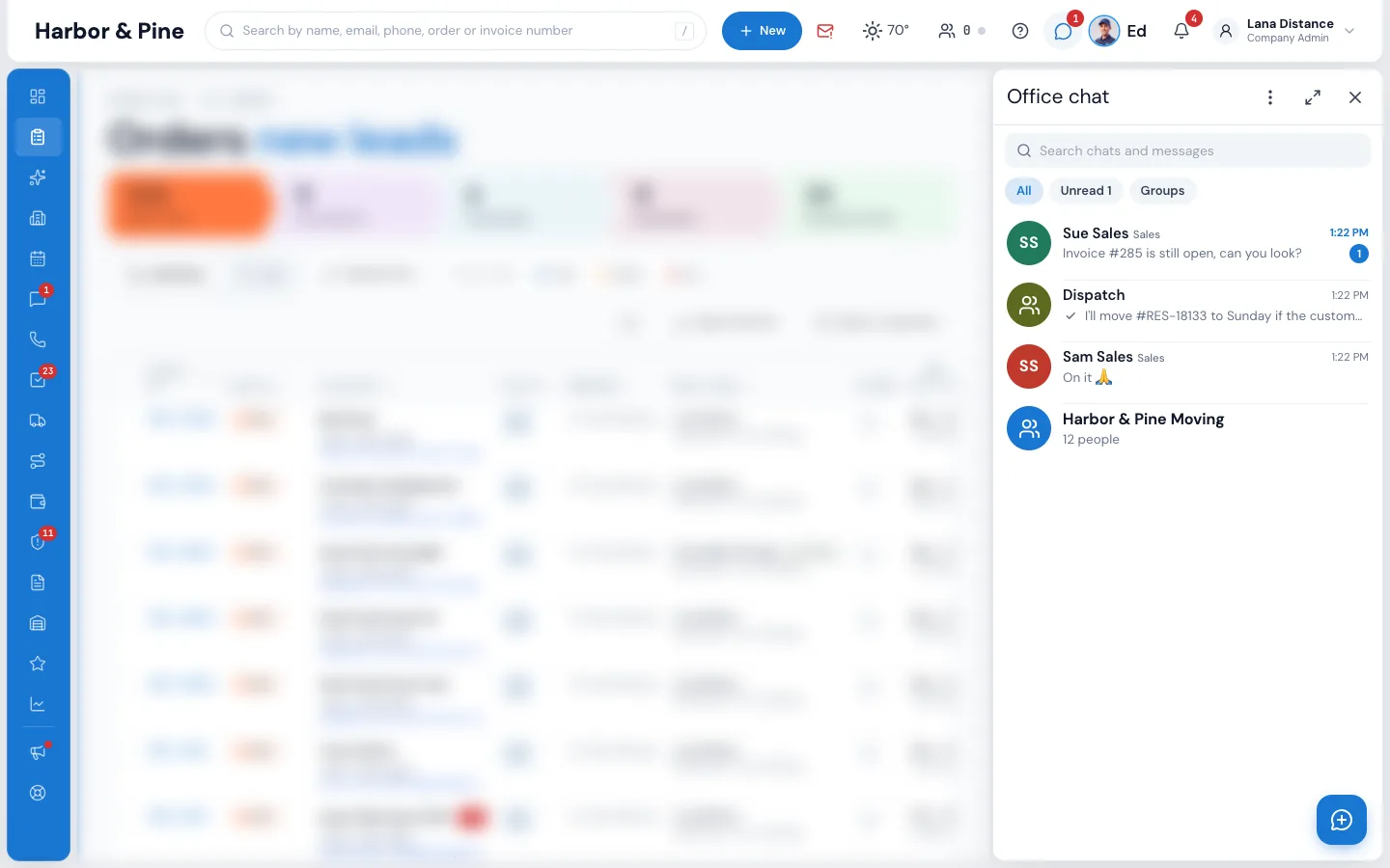 The Office chat list beside the Orders page: Sue Sales with one unread message about an invoice, the Dispatch group, Sam Sales, and the company's group with 12 people