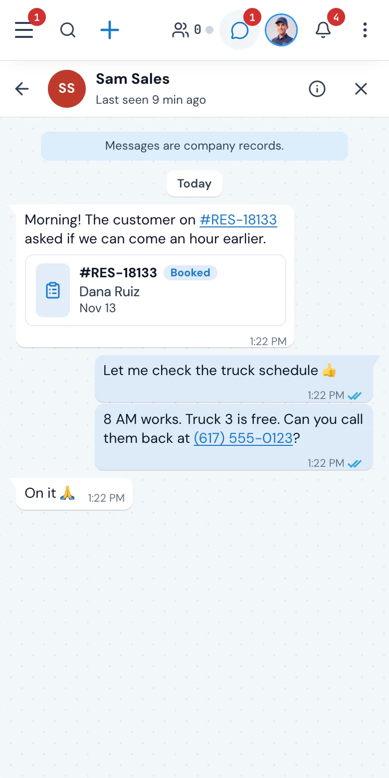 Office chat on a phone: a chat with Sam Sales, a card for order #RES-18133 and two messages with blue read ticks