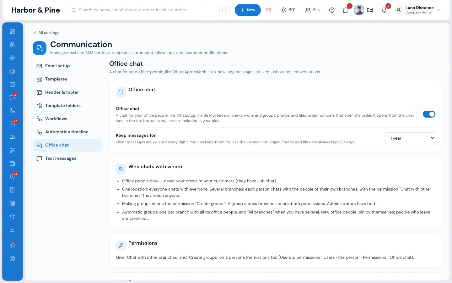 Settings › Communication › Office chat in MoveBoard: Keep messages for 1 year, who chats with whom and the two permissions