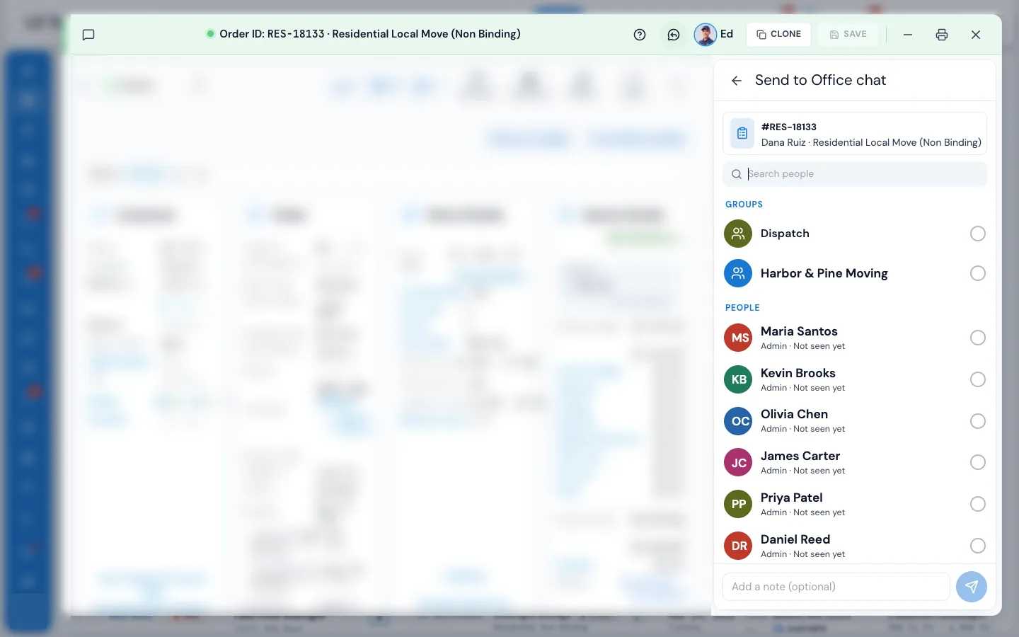 Send to Office chat in an order window: the order's card (#RES-18133, Residential Local Move), Search people, the Dispatch and company groups, the office people to pick, and Add a note