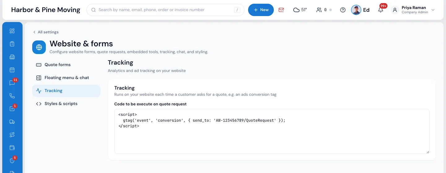 Settings › Website & forms › Tracking in MoveBoard: Code to be execute on quote request, holding an ads conversion tag that runs each time a customer asks for a quote