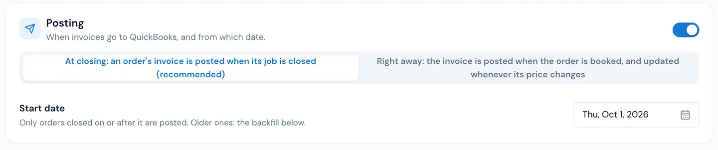 The Posting card in MoveBoard's QuickBooks settings: Post to QuickBooks switched on, At closing chosen over Right away, and the start date