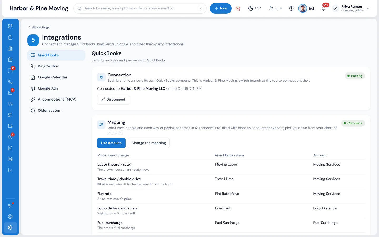 Settings › Integrations › QuickBooks in MoveBoard: the branch connected and Posting, and the Mapping of each MoveBoard charge to a QuickBooks item and account