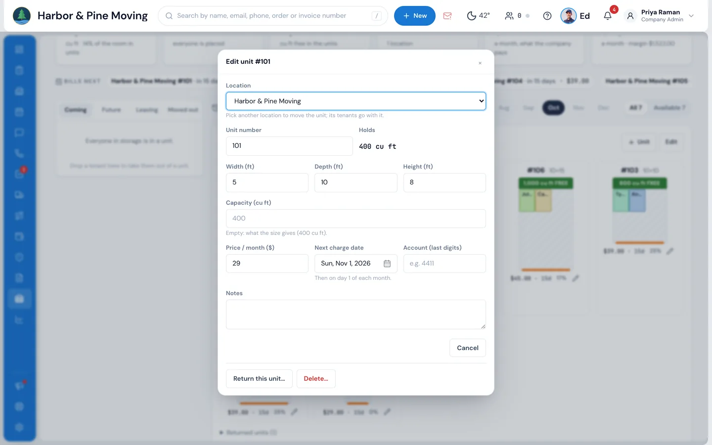 MoveBoard's Edit unit pop-up for unit #101: location, unit number, width, depth and height, capacity, price per month, next charge date, account, notes, and Return this unit and Delete at the bottom