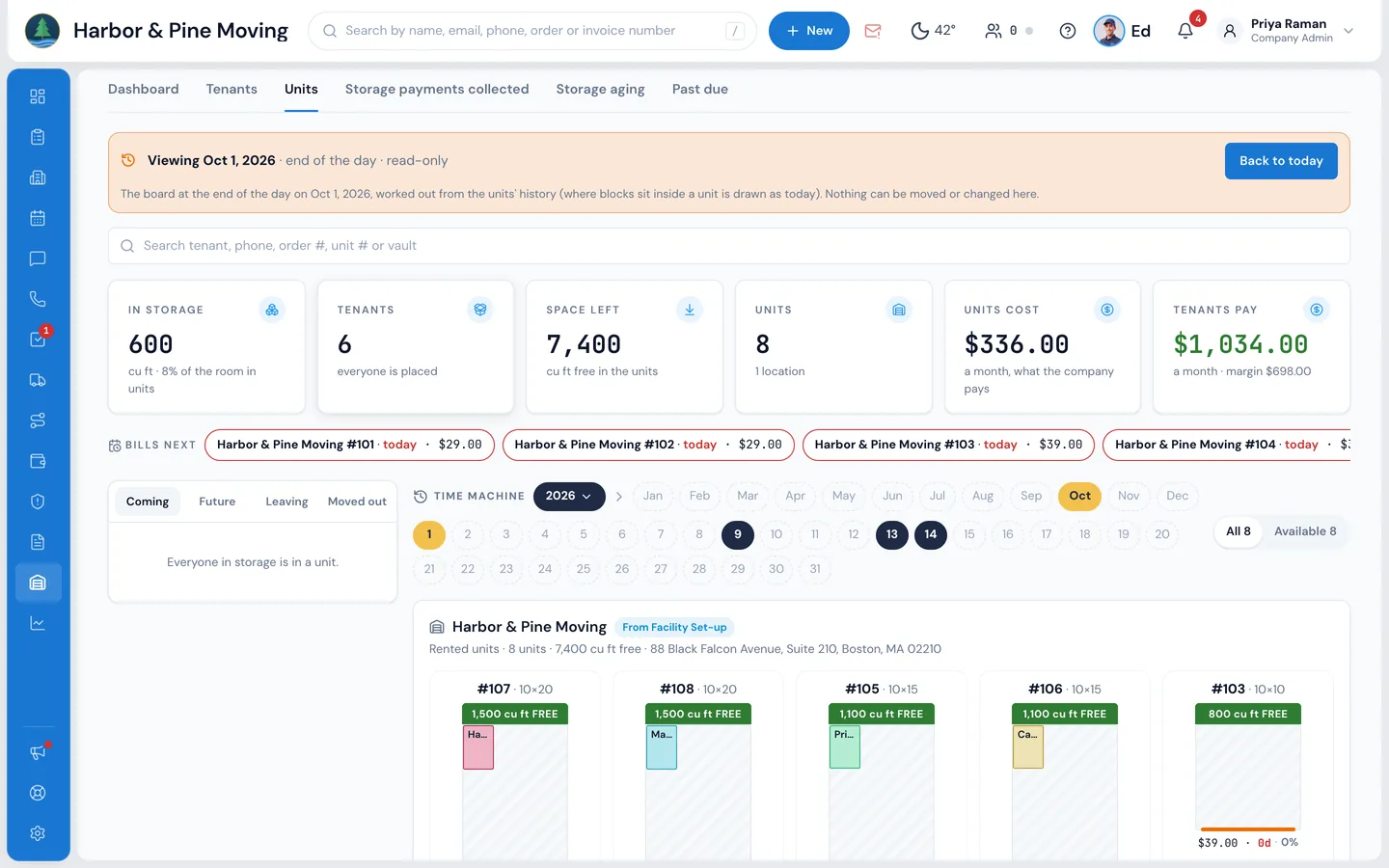 Storage › Units in MoveBoard viewing Oct 1, 2026 with the Time Machine: a read-only bar saying end of the day, the year and month chips, the days with records, and the units board as it was that evening