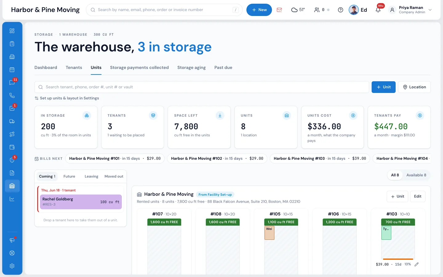 The Units tab on MoveBoard's Storage page: units drawn as a board with their tenants, the Not placed list, and the units, tenants, space left and monthly totals