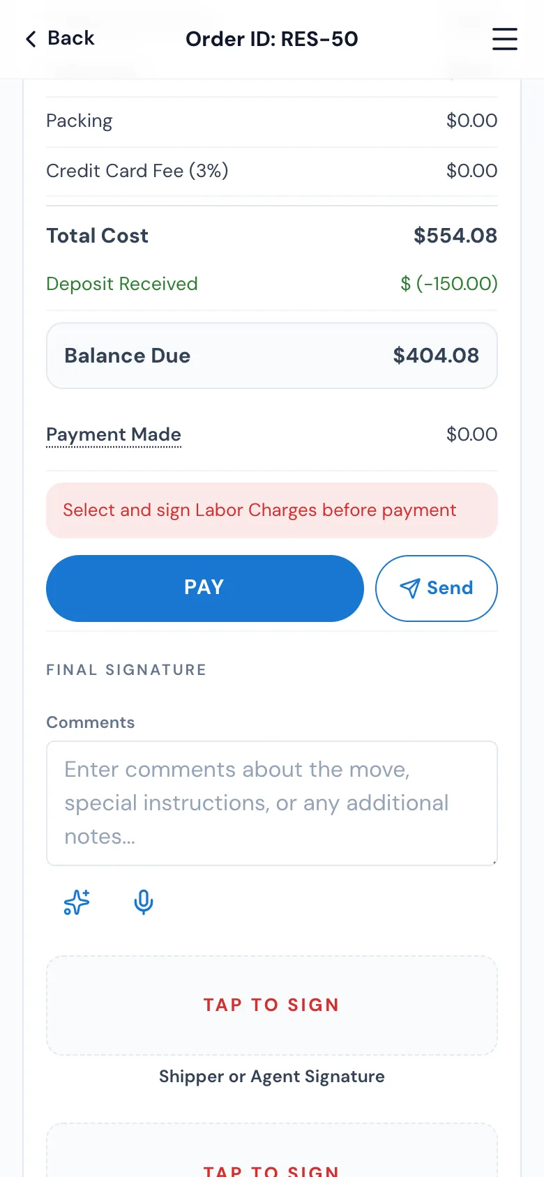 The crew's bill of lading on a phone: Total Cost, Deposit Received, Balance Due $404.08, and PAY with Send beside it on one line