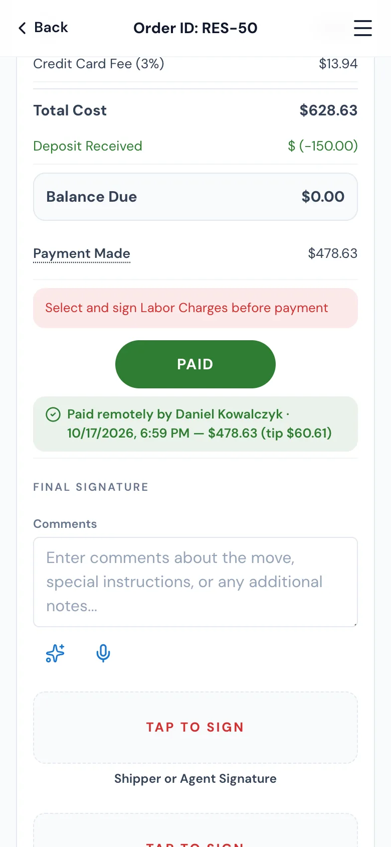 The crew's bill of lading after the payer paid: Balance Due $0.00, PAID, and Paid remotely by Daniel Kowalczyk with the time, $478.63 and the tip