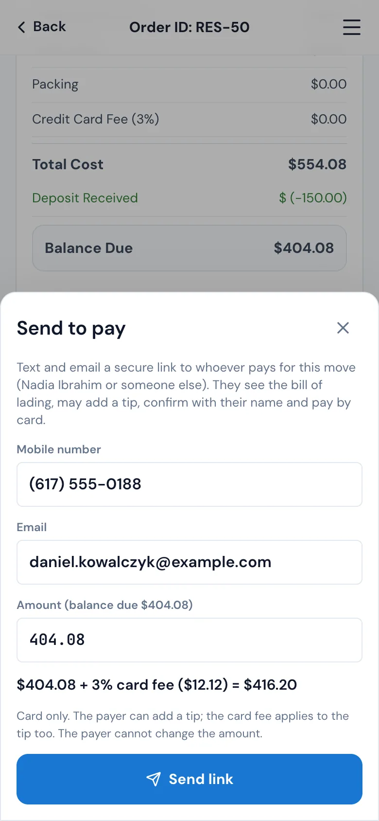 The Send to pay window on the crew's bill of lading: the payer's mobile number and email, the amount at the balance due, the card fee line and Send link