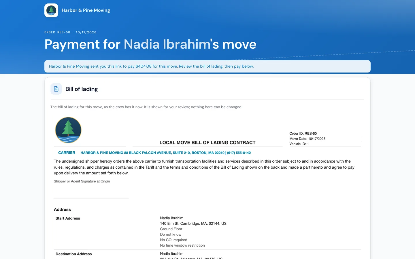 The payer's page in MoveBoard: Payment for Nadia Ibrahim's move, Harbor & Pine Moving sent you this link to pay $404.08, and the local move bill of lading shown for review only