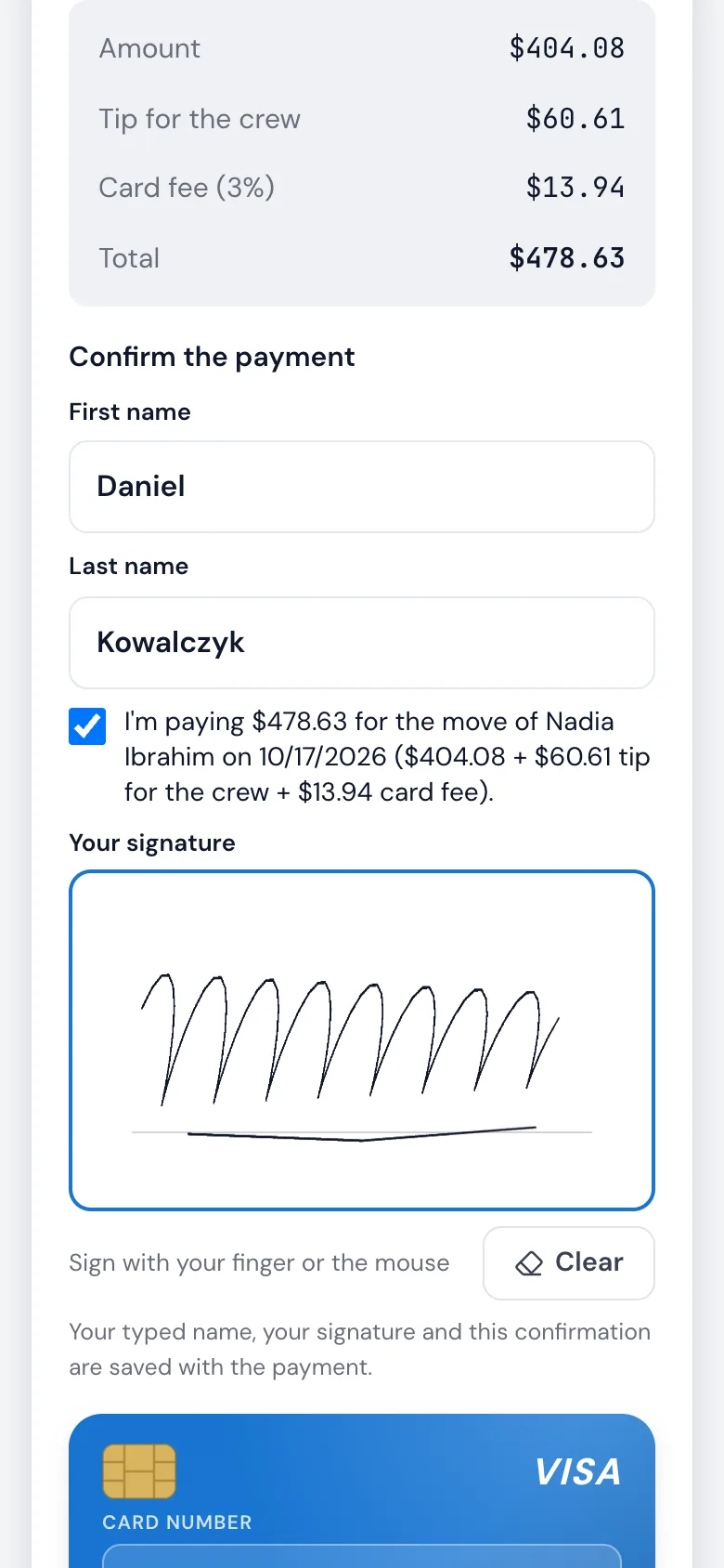The payer's phone: amount, tip for the crew, card fee and total, the first and last name typed, the ticked sentence with the figures, and a drawn signature