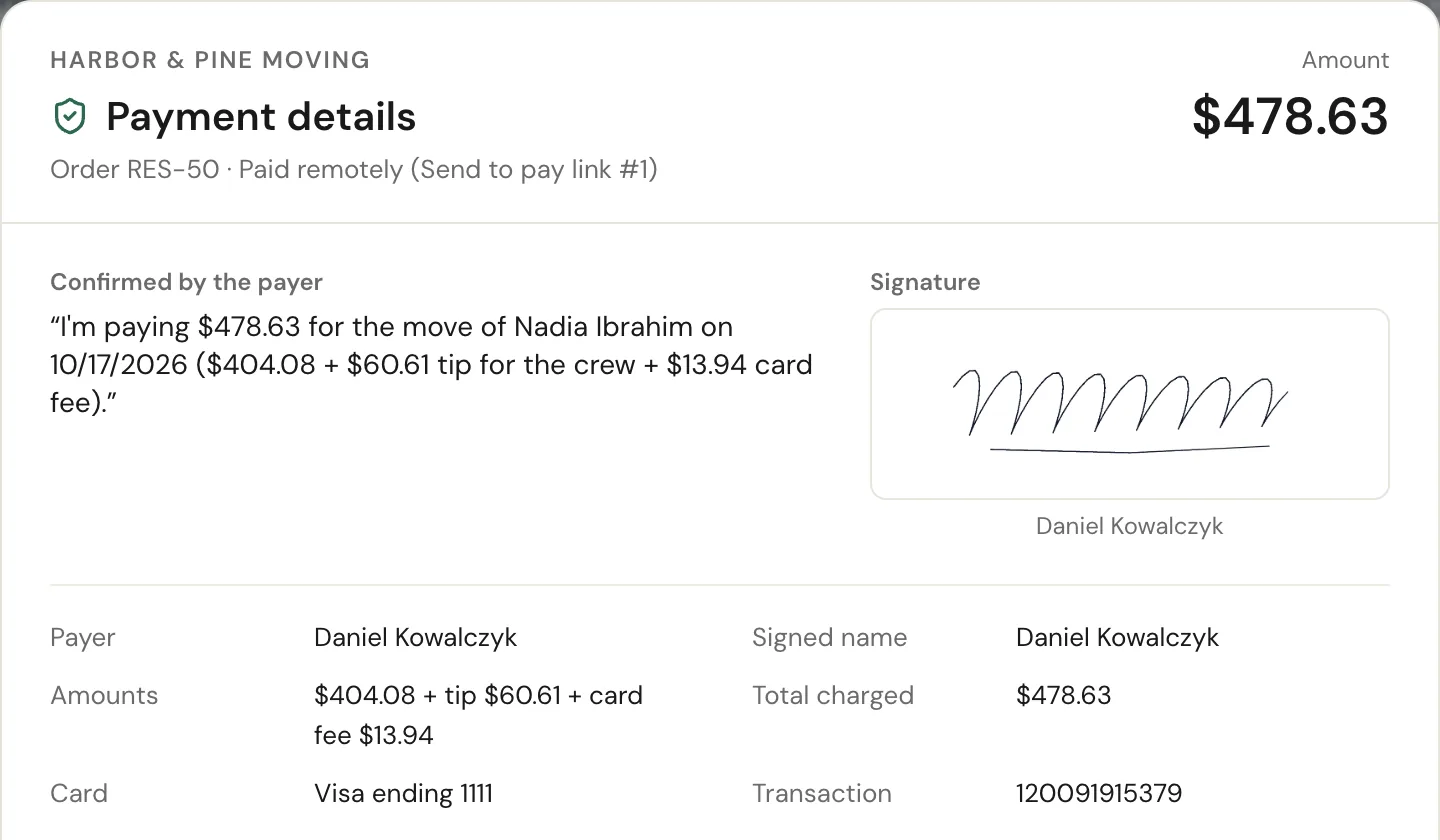 Payment details in MoveBoard: Paid remotely (Send to pay link #1), the payer's confirmed sentence, their drawn signature, the payer, amounts, card ending 1111 and the transaction number
