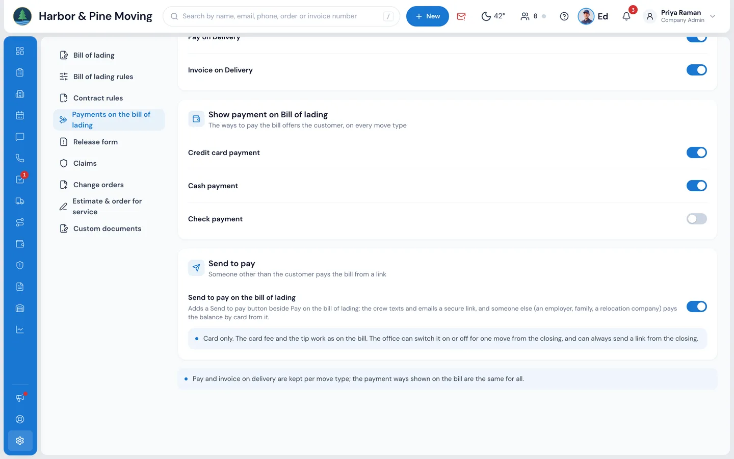 Settings › Documents & bill of lading › Payments on the bill of lading in MoveBoard, with the Send to pay card: Send to pay on the bill of lading switched on, and its plain description