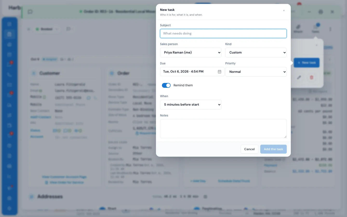 The New task form inside an order: Subject, Sales person, Kind, Due, Priority, Remind them and When