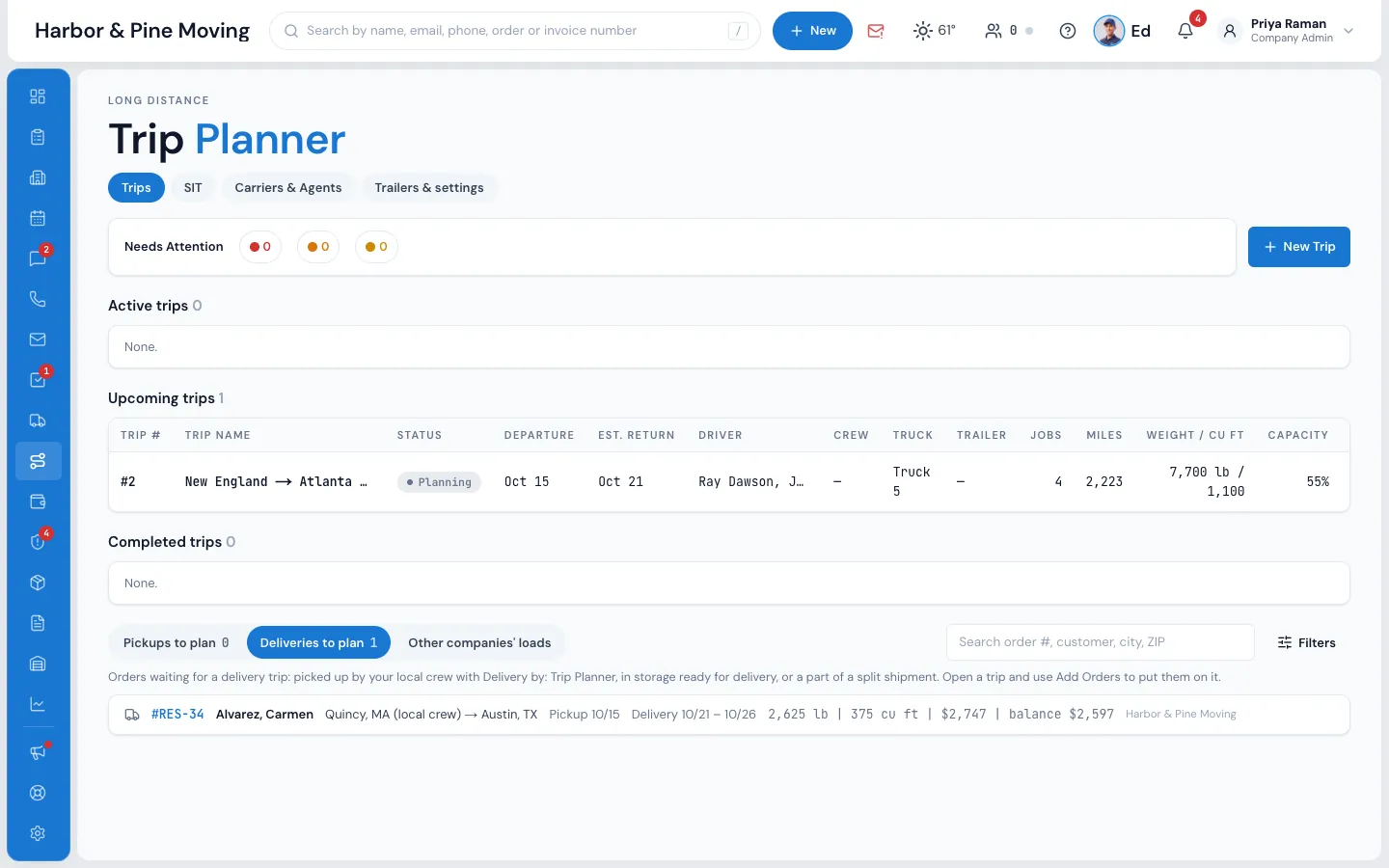 The Trip Planner board with Needs Attention, upcoming trips and the Pickups to plan list