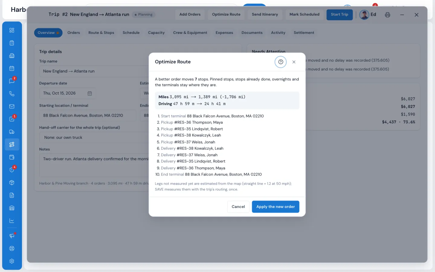 The Optimize Route pop-up showing a better stop order, with miles and driving hours before and after
