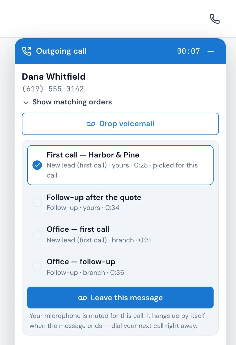 The call pop-up during an outgoing call to Dana Whitfield: Drop voicemail open with four messages, the new-lead message picked for this call, and Leave this message