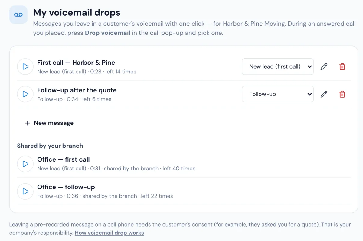My voicemail drops in MoveBoard: two of your own messages with their kind, length and how many times they were left, Record or Upload a sound file, and the messages shared by your branch