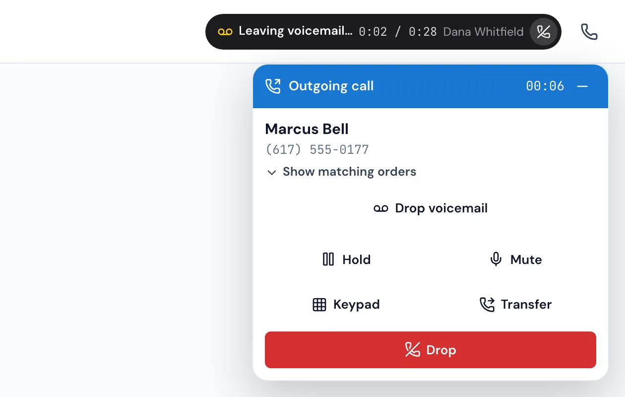 MoveBoard's top bar while a voicemail is being left: the Leaving voicemail pill at 0:02 of 0:28 for Dana Whitfield, and the next call, to Marcus Bell, already up in the call pop-up with Drop voicemail, Hold, Mute, Keypad, Transfer and Drop