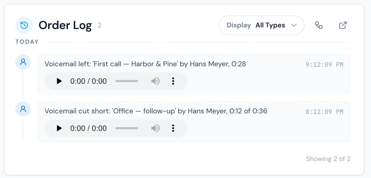 An order's log in MoveBoard: Voicemail left, the first-call message by Hans Meyer, 0:28, and Voicemail cut short, the follow-up message, 0:12 of 0:36, each with a player