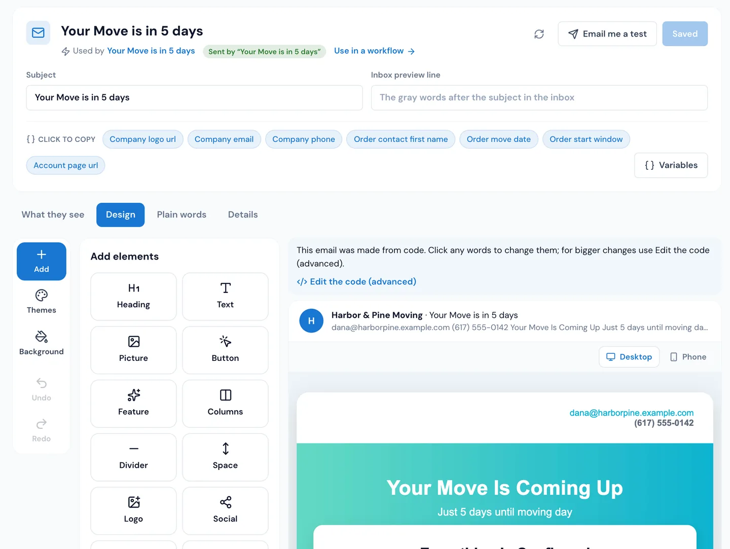 An email template open in MoveBoard's designer: Used by and Sent by the workflow, Email me a test, the Design tab with Heading, Text, Picture, Button, Feature, Columns, Logo, Social and Code (advanced), and the live email beside it