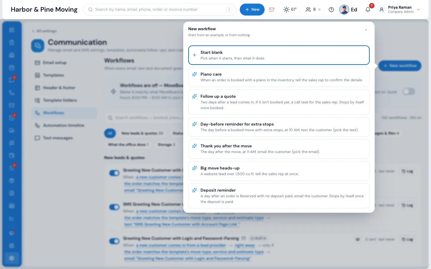 The New workflow window: Start blank, Piano care, Follow up a quote, Day-before reminder for extra stops, Thank you after the move, Big move heads-up and Deposit reminder
