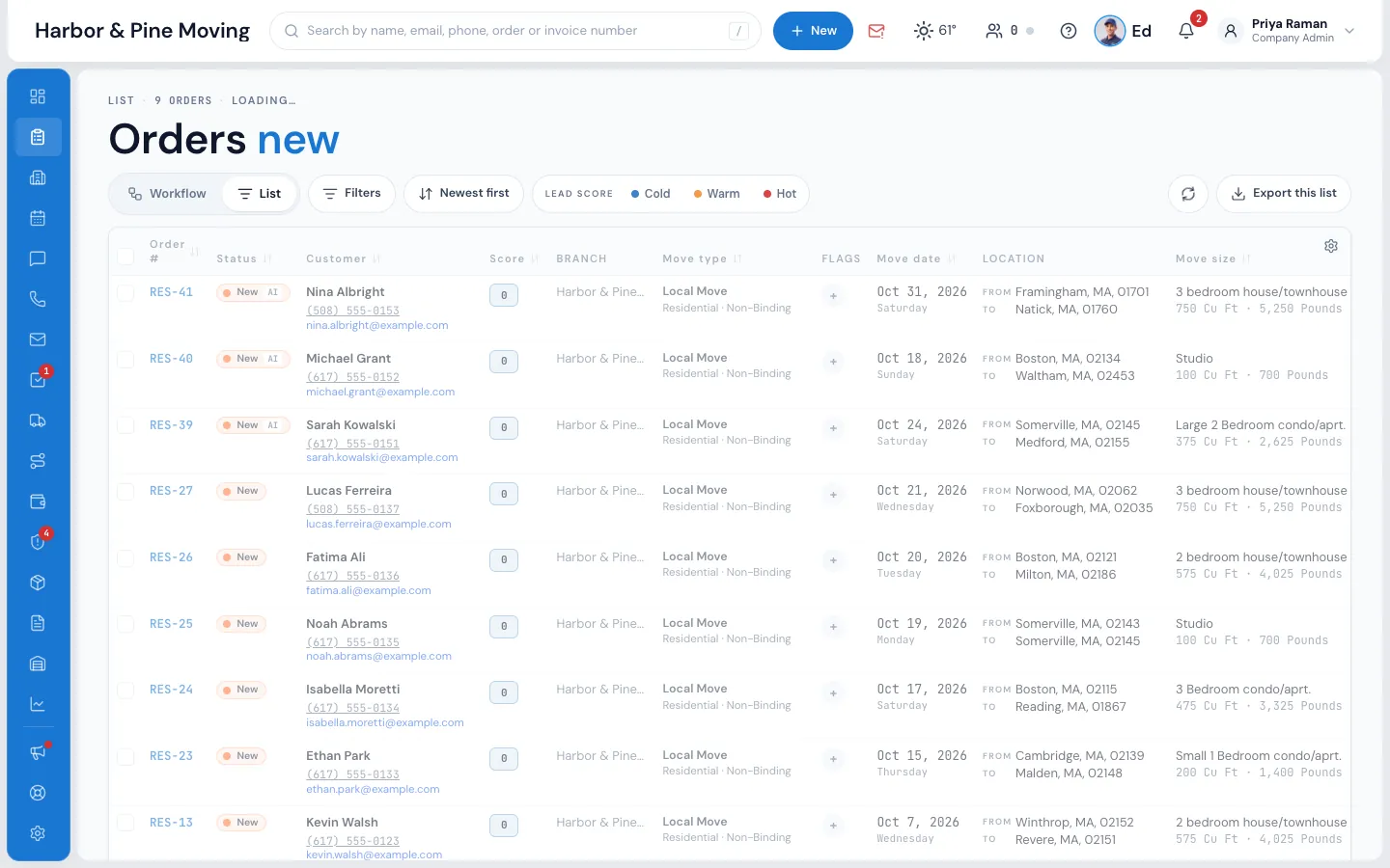 MoveBoard Orders screen